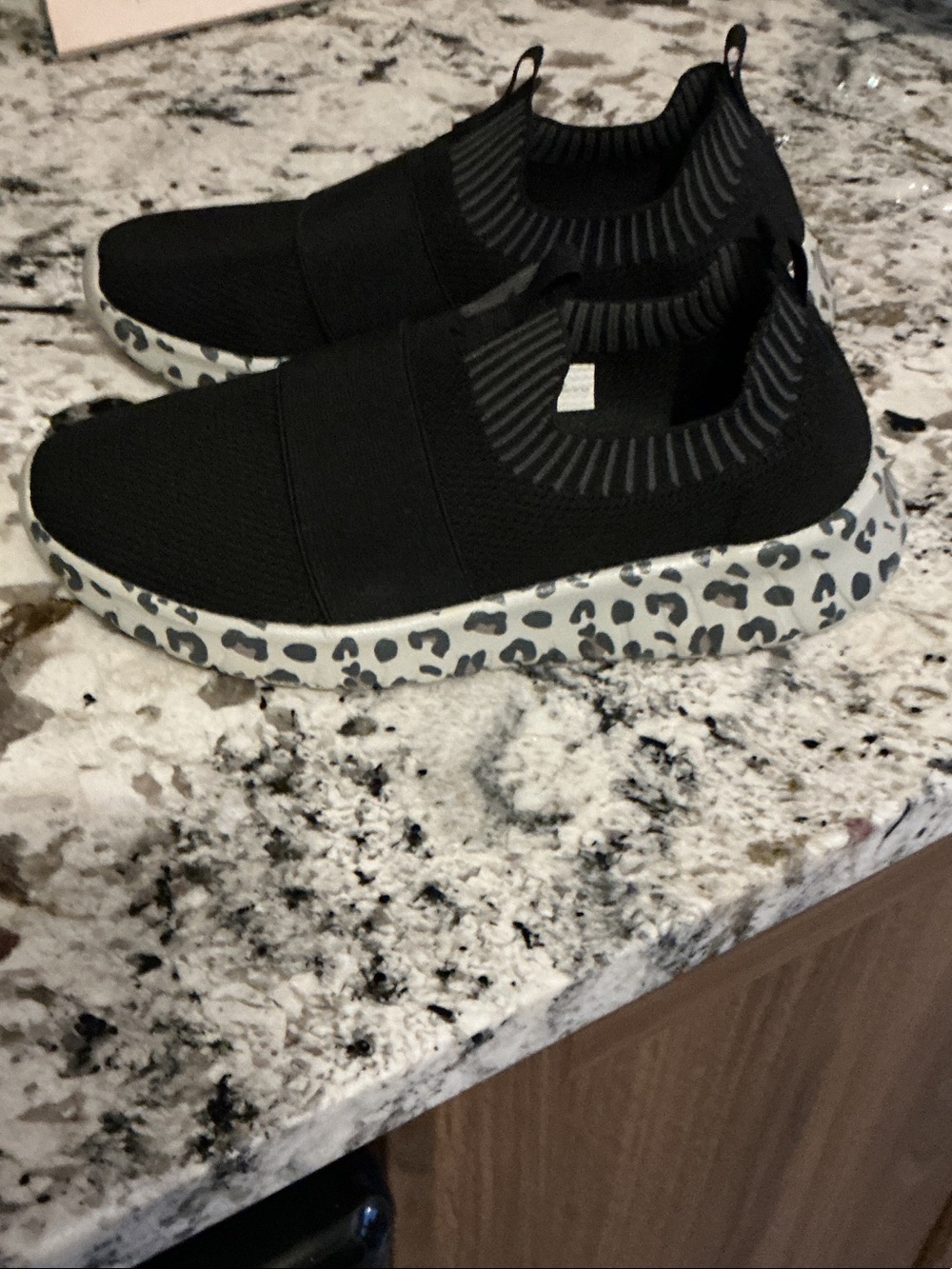 Black Slip-On Knit Sneakers with Leopard-Print Sole
